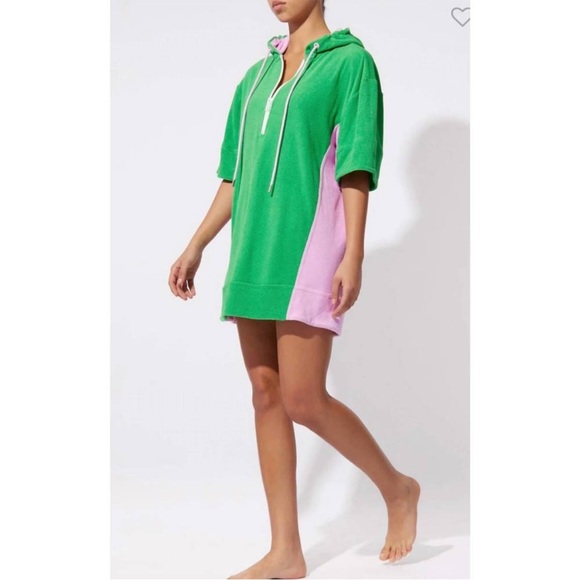 NEW Solid & Striped Zip Hoodie Dress Terry Cloth Pink Green Size Medium NWT